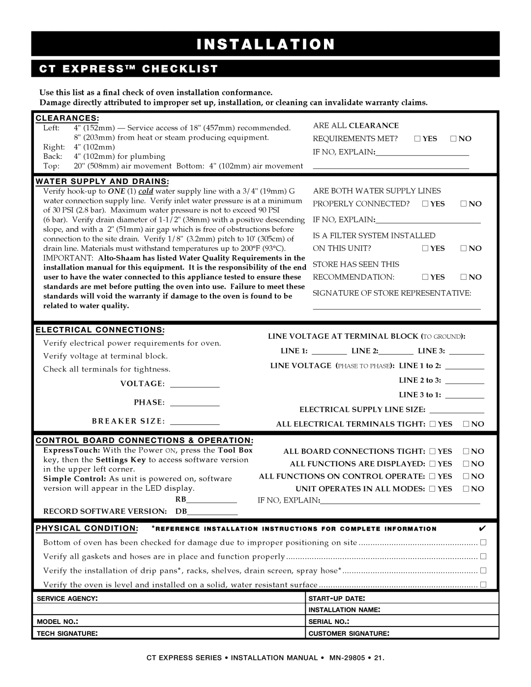 Alto-Shaam Combination Oven/Steamer manual CT Express Checklist, Clearances Are ALL Clearance 