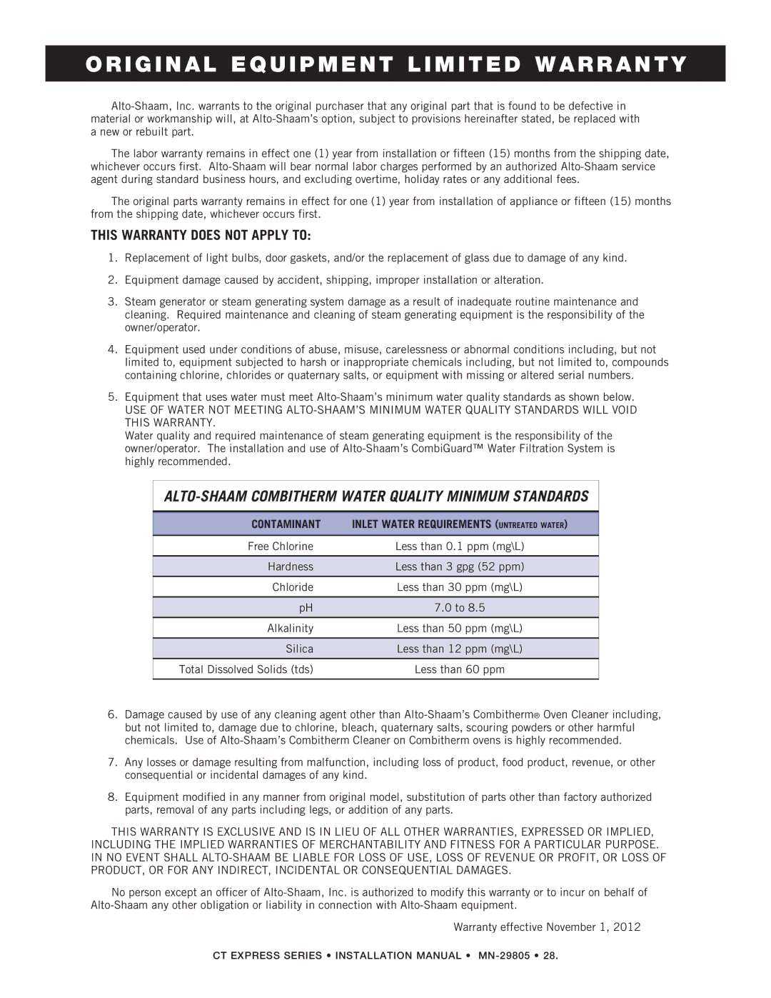 Alto-Shaam Combination Oven/Steamer manual Original Equipment Limited Warranty, Total Dissolved Solids tds 