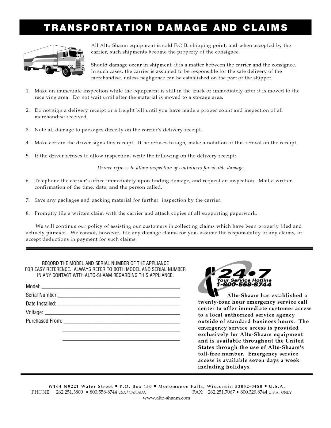 Alto-Shaam Combination Oven/Steamer manual Transportation Damage and Claims 