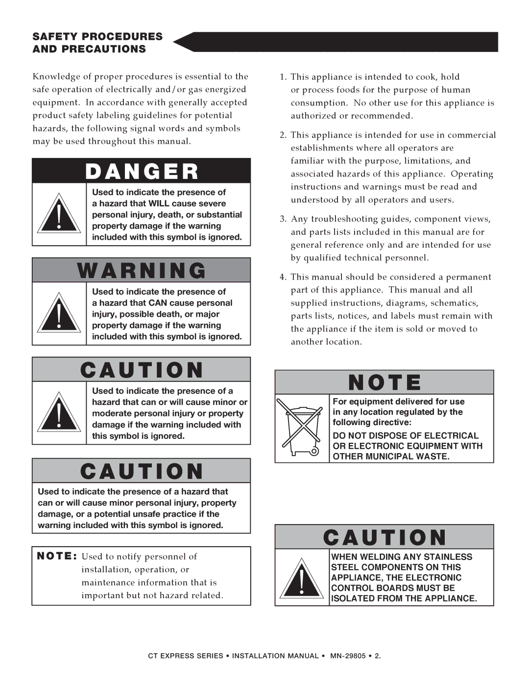 Alto-Shaam Combination Oven/Steamer manual N G E R, Safety Procedures Precautions 