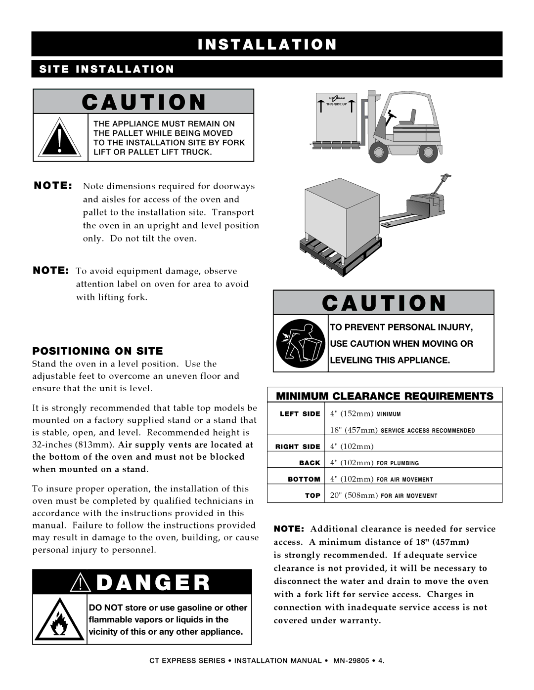 Alto-Shaam Combination Oven/Steamer Minimum Clearance Requirements, AppLIANCE Must Remain on PALLET While Being Moved 