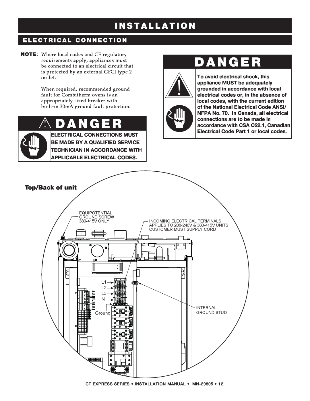 Alto-Shaam Combination Oven/Steamer manual Top/Back of unit, Danger, I N S T A L L A T I O N, Electrical Connection 