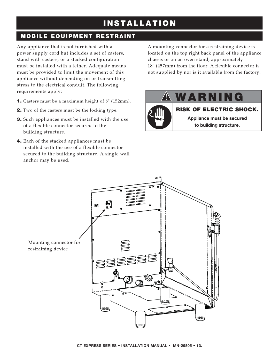 Alto-Shaam Combination Oven/Steamer manual Mobile Equipment Restraint, Risk Of Electric Shock, I N S T A L L A T I O N 