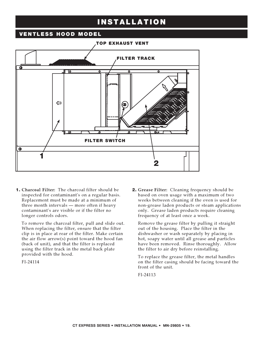 Alto-Shaam Combination Oven/Steamer manual I N S T A L L A T I O N, Ventless Hood Model, Top Exhaust Vent, Filter Track 