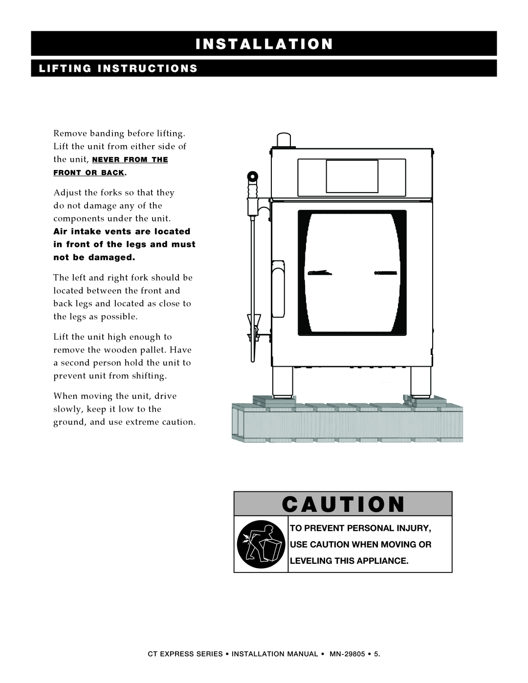 Alto-Shaam Combination Oven/Steamer manual Lifting Instructions, C A U T I O N, I N S T A L L A T I O N 