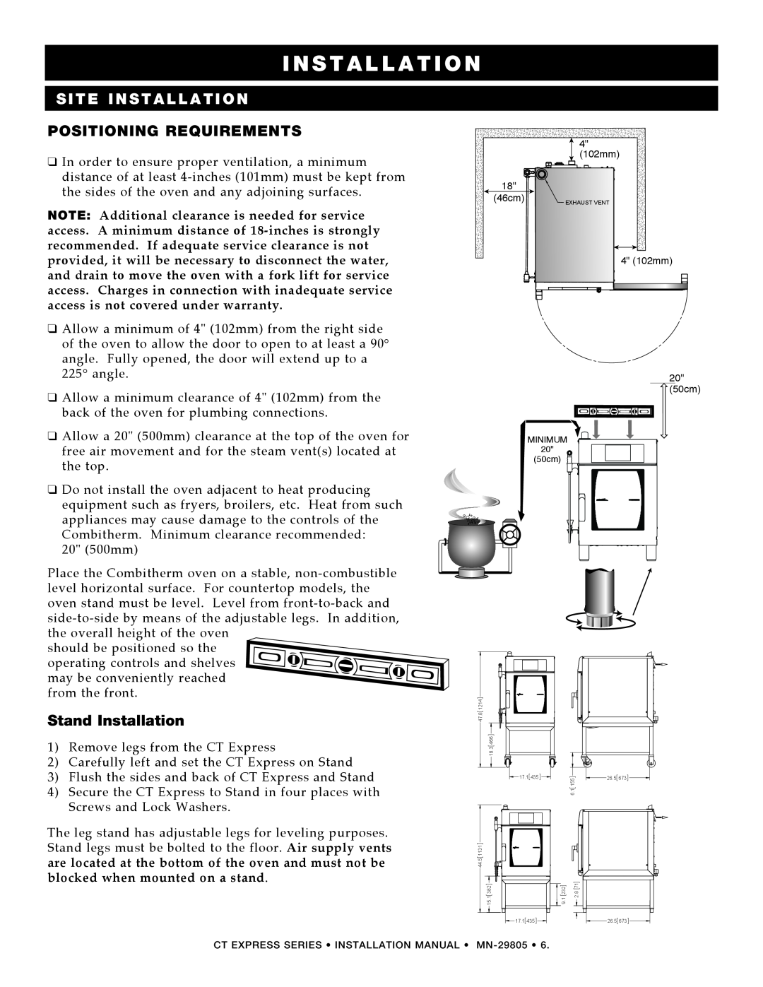 Alto-Shaam Combination Oven/Steamer manual Positioning Requirements, Stand Installation, I N S T A L L A T I O N 