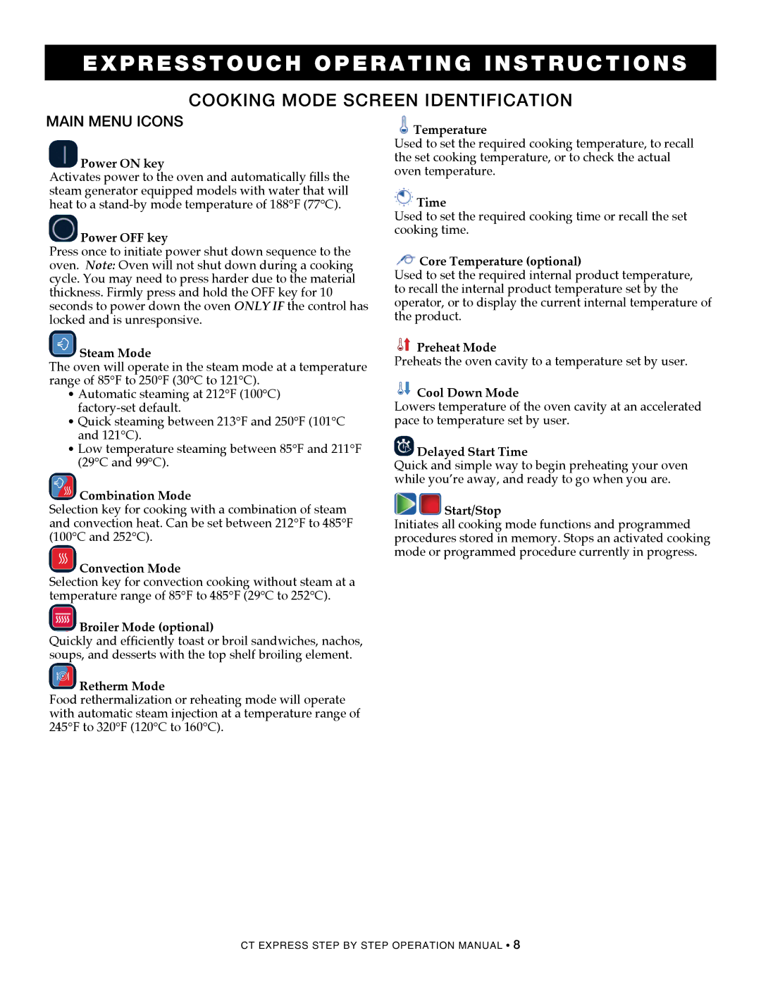 Alto-Shaam 4.10esi, CombiOven, 4.10ESiVH, 4.10CCi operation manual Cooking mode screen Identification, Main menu Icons 