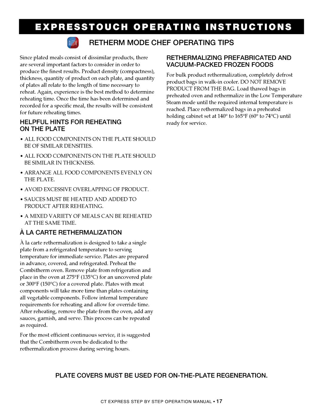 Alto-Shaam 4.10CCi, CombiOven, 4.10ESiVH, 4.10esi operation manual Retherm mode chef operating tips, La carte Rethermalization 