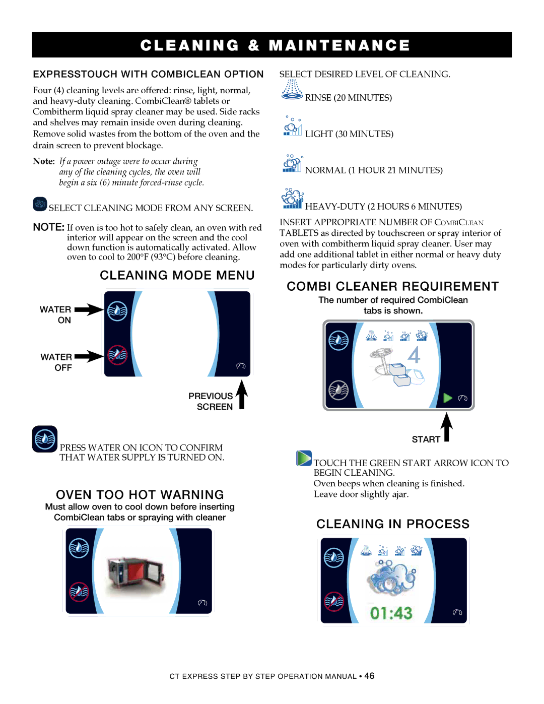 Alto-Shaam CombiOven, 4.10ESiVH Cleaning mode menu, Oven too hot warning, Combi cleaner requirement, Cleaning in process 