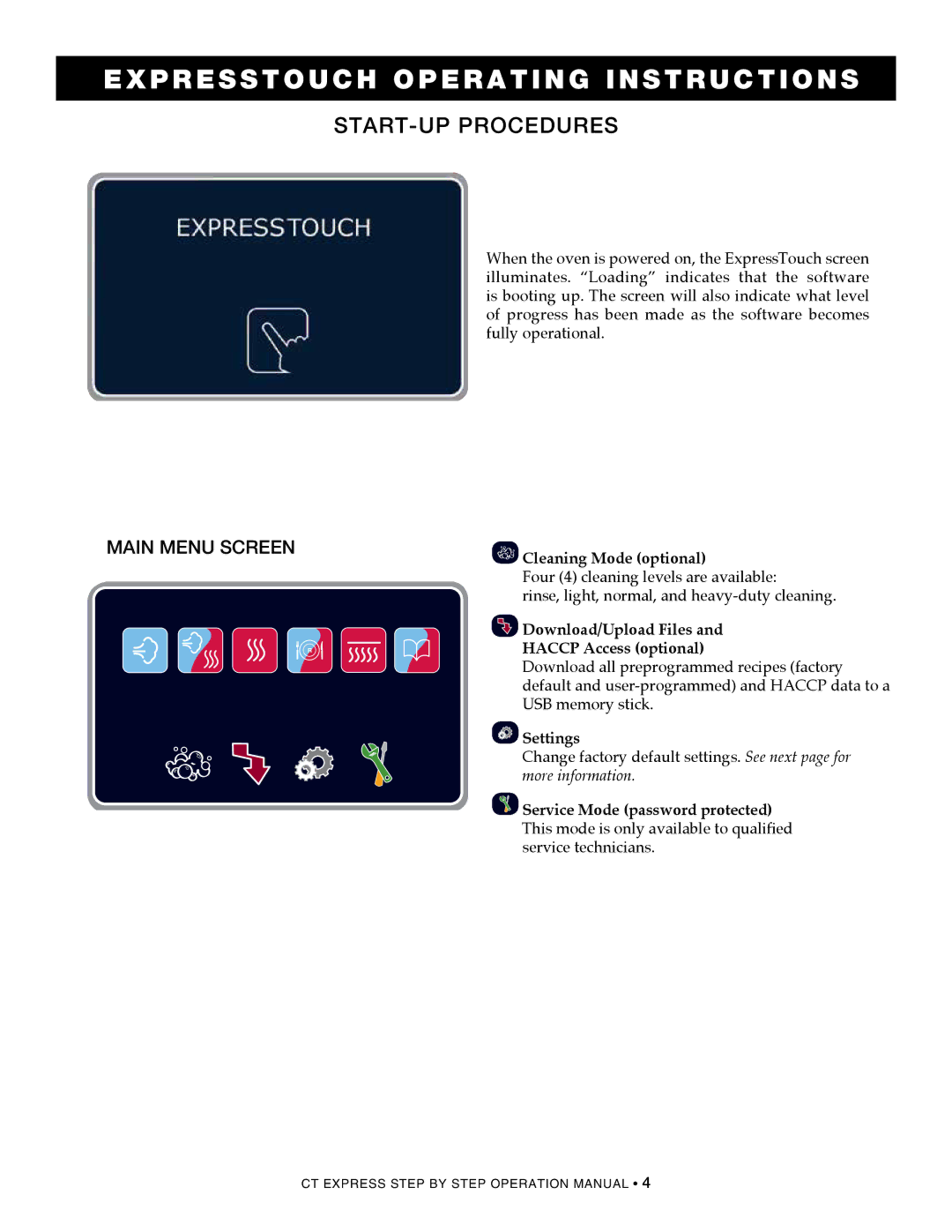 Alto-Shaam 4.10esi, CombiOven, 4.10ESiVH, 4.10CCi P ressTouch Operating Instructions, Start-up procedures, Main Menu screen 