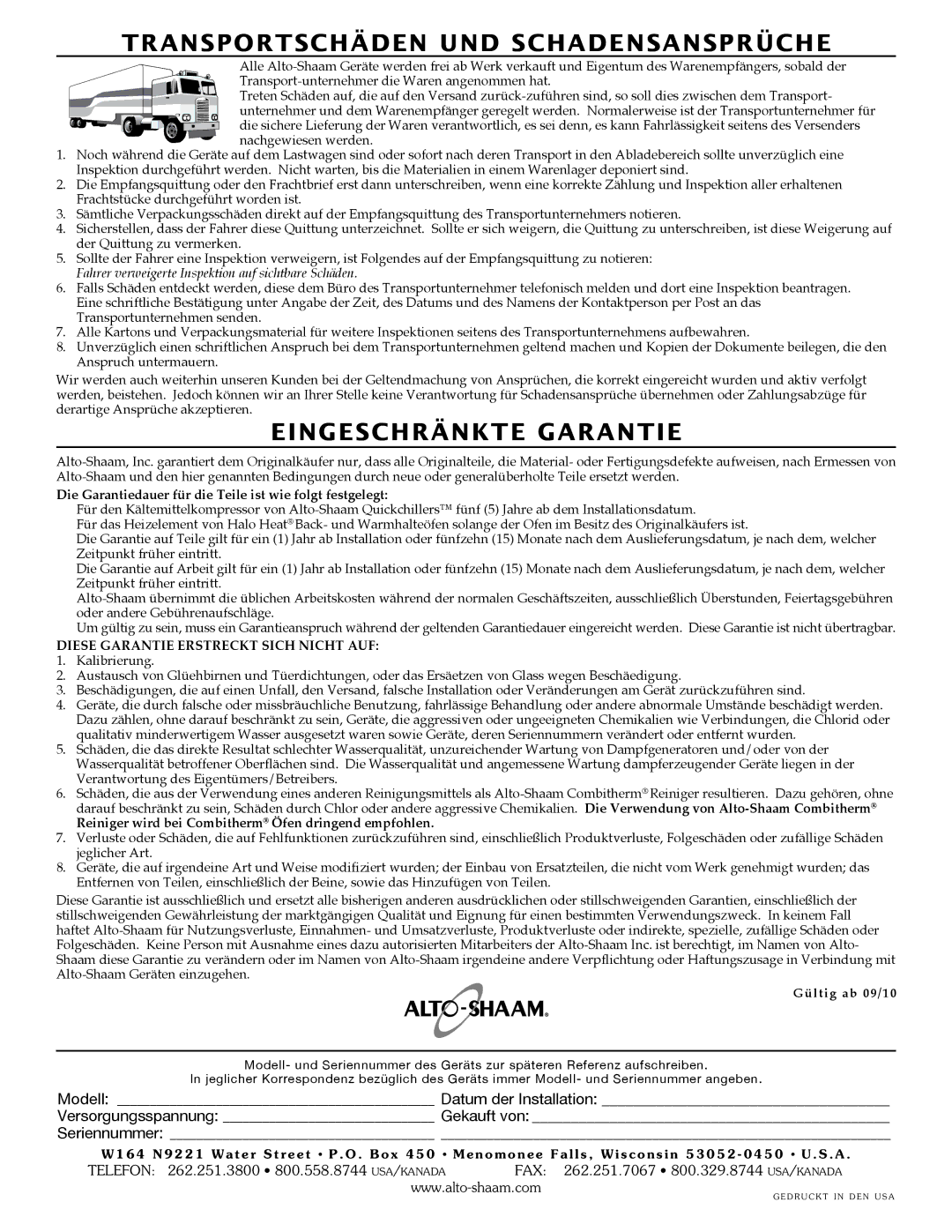 Alto-Shaam CS-100, CS-200 manual Transportschäden UND Schadensansprüche 