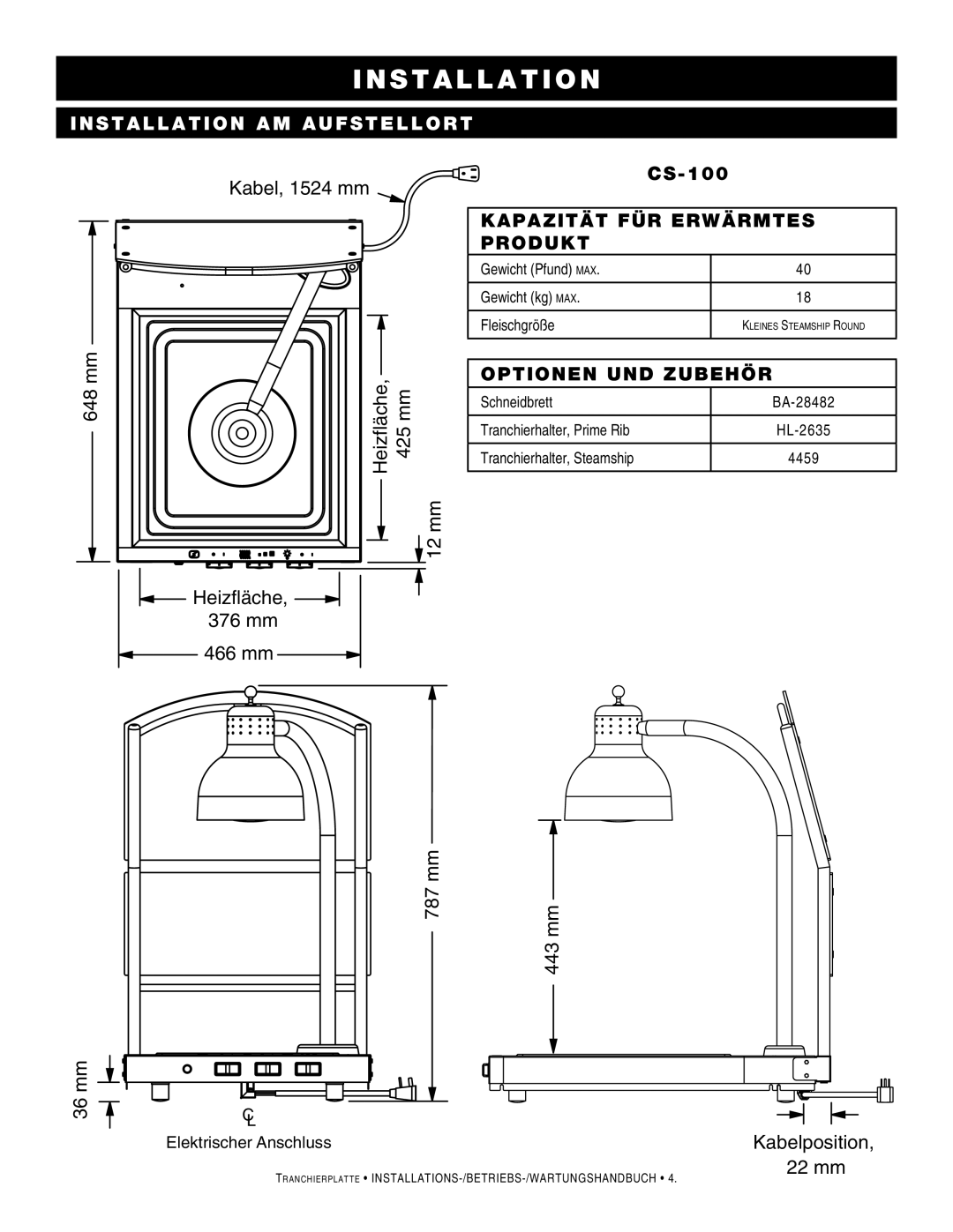 Alto-Shaam CS-100, CS-200 manual 36 mm 443 mm Kabelposition 