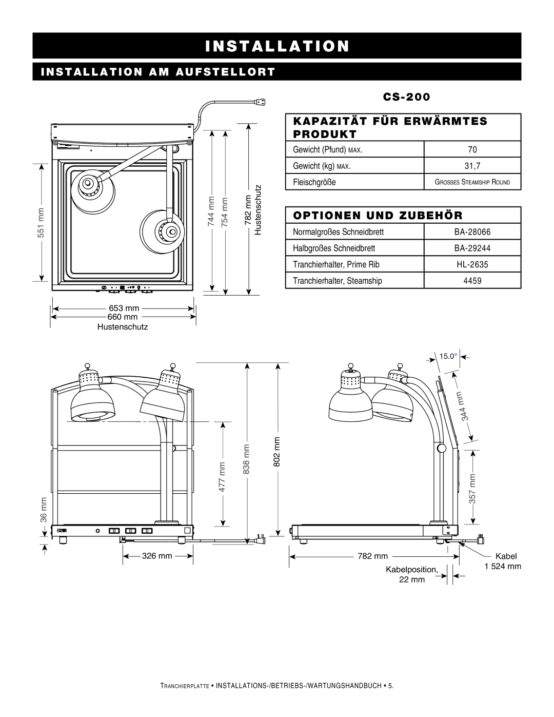 Alto-Shaam CS-100 manual CS-200 Kapazität für erwärmtes Produkt 