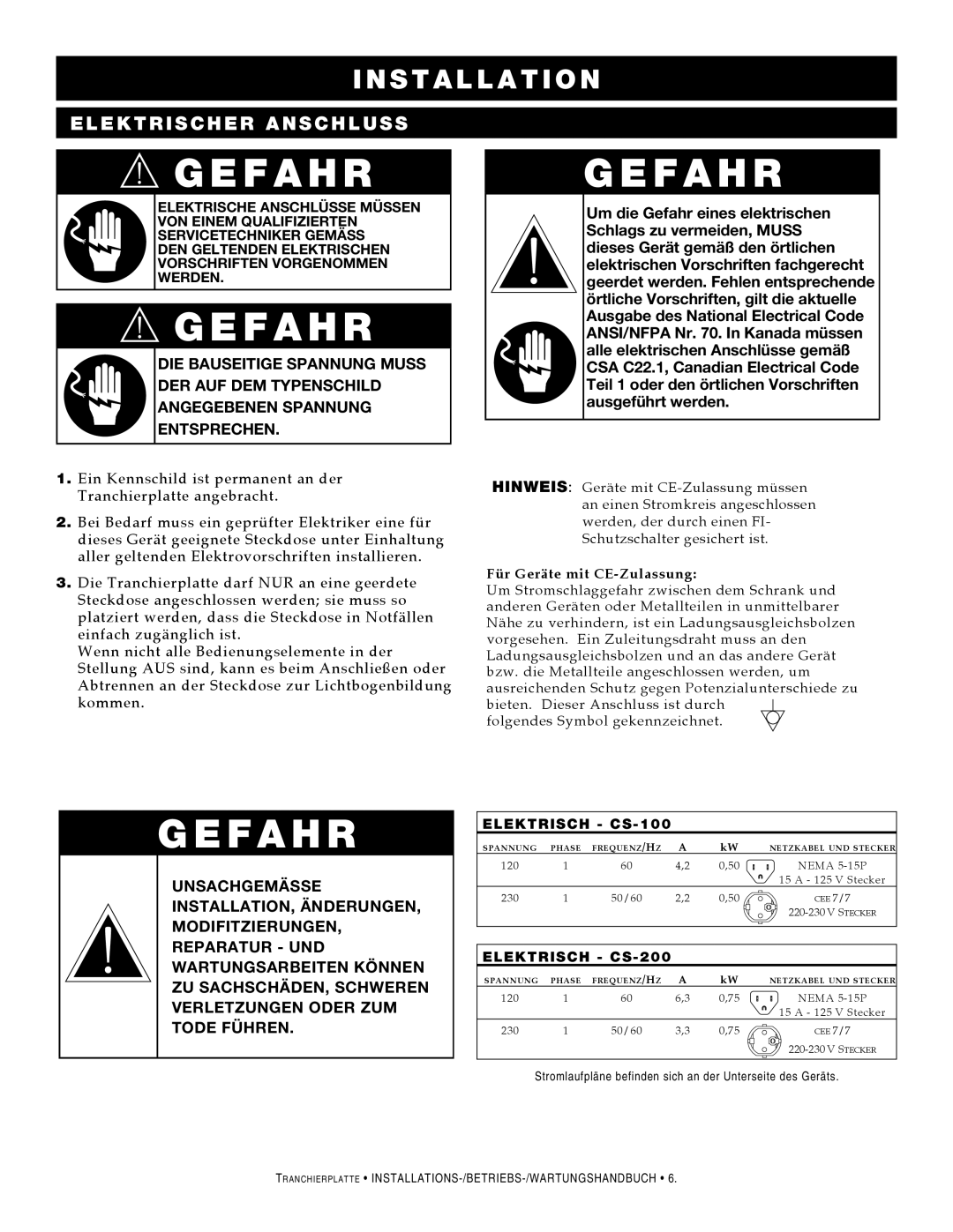 Alto-Shaam CS-100, CS-200 manual Gefahr 