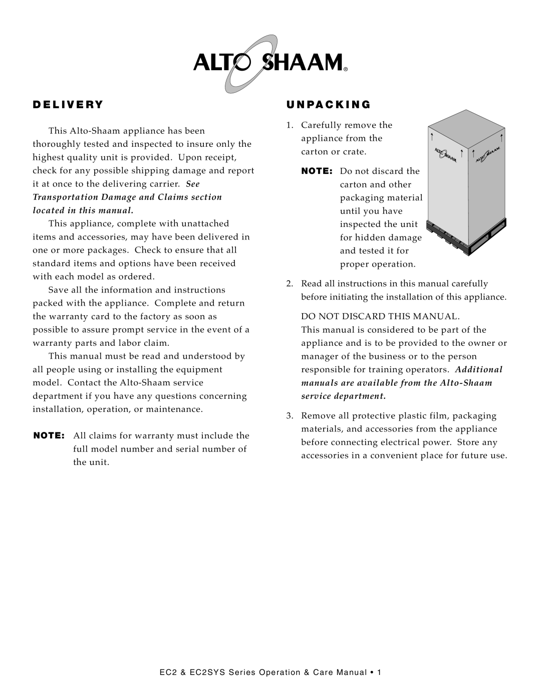 Alto-Shaam EC2-96/PL, EC2-48/P, EC2SYS-96/PR, EC2SYS-72/PL, EC2SYS-72/PR, EC2-72/PR, EC2-72/PL, EC2-96/PR Deli Very, Unpack I NG 