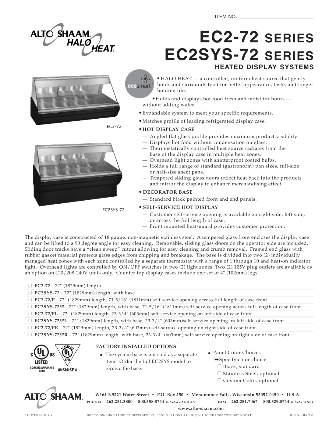 Alto-Shaam EC2SYS-72, EC2-72 specifications HOT Disp LAY Case, Decorator Base, SELF-SER Vice HO T DI Splay 