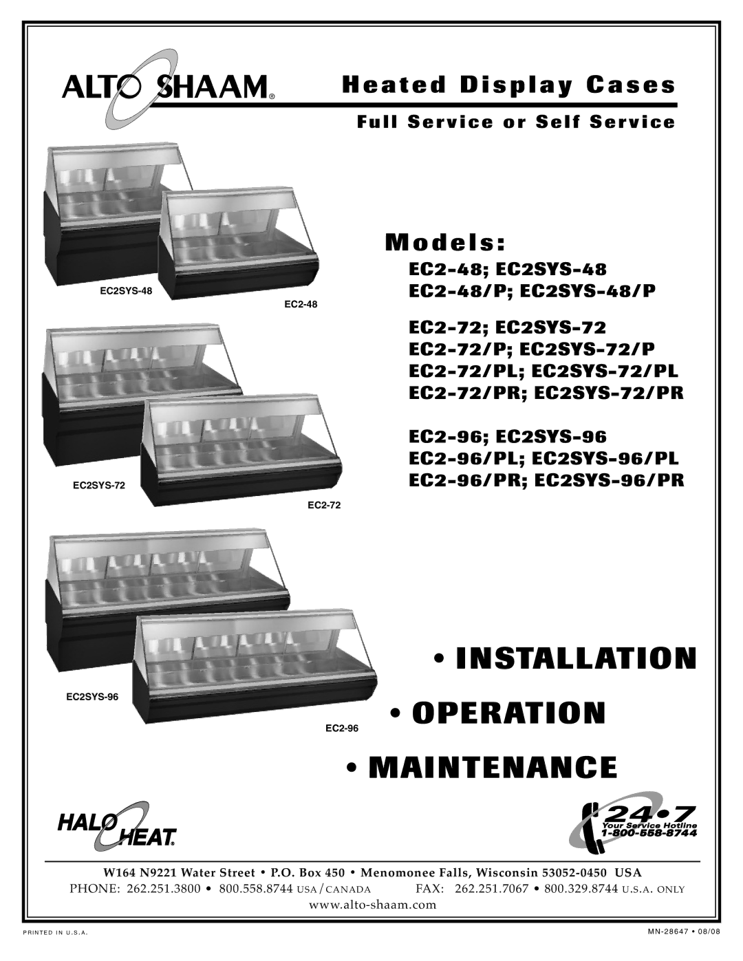 Alto-Shaam EC2-48, EC2-96, EC2-72/P manual INS Tallation, Operation, Mainte NAN CE 