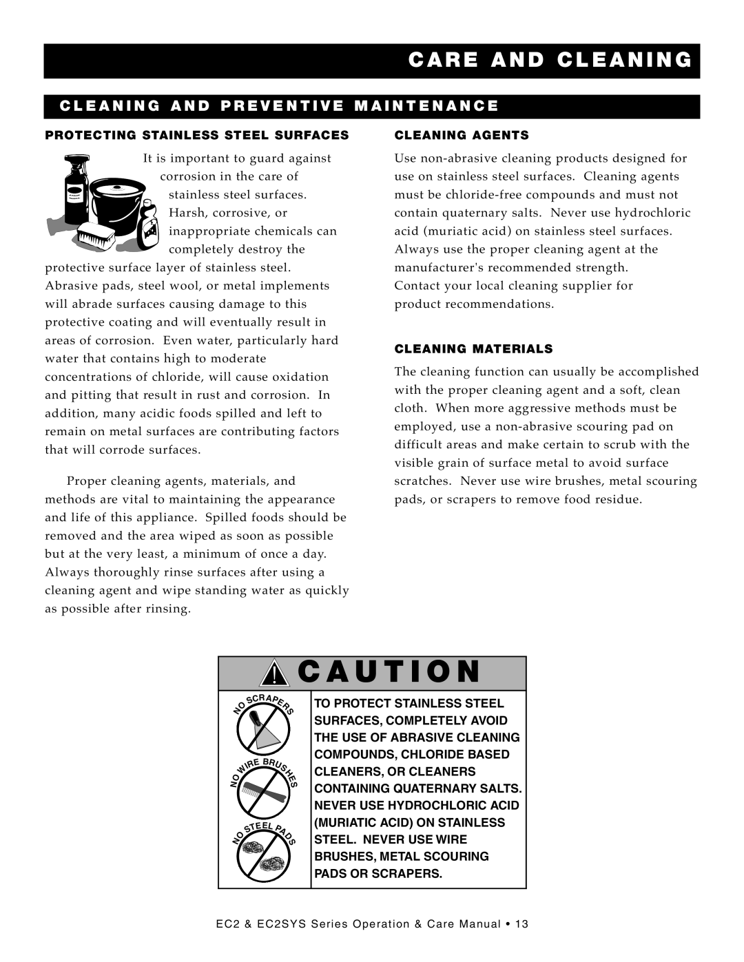 Alto-Shaam EC2-72/P, EC2-96, EC2-48 manual CA Ution, Care and Cleaning, Leaning and PR Eventi VE MAI Ntenance 