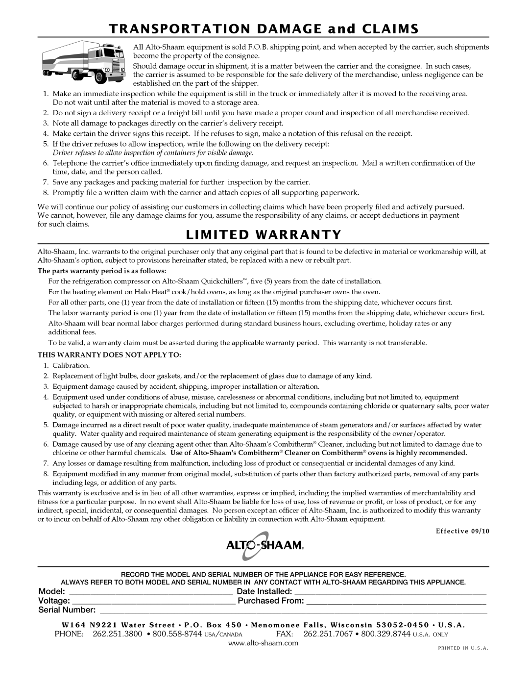 Alto-Shaam EC2-96, EC2-48, EC2-72/P manual Limited Warranty 