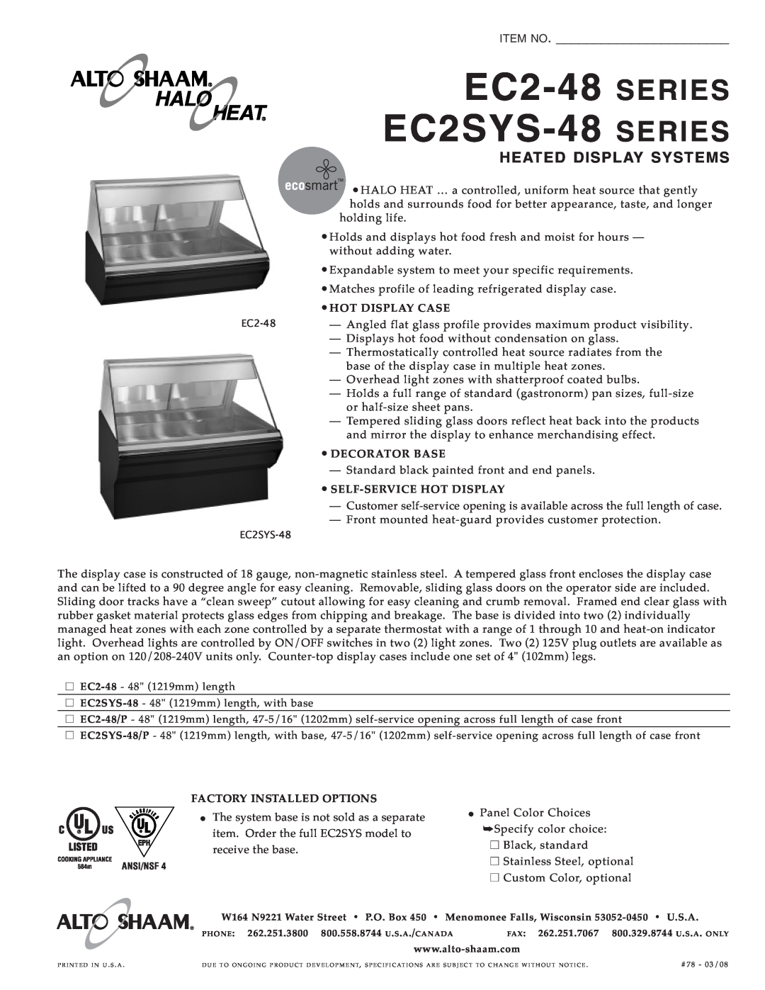 Alto-Shaam EC2-48 Series, EC2SYS-48 series specifications EC2 SYS-48, Item No, Heated Display Syste Ms 