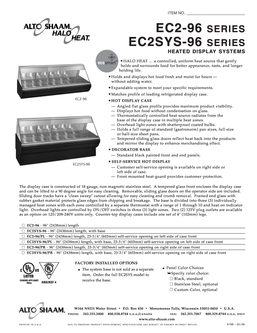 Alto-Shaam EC2SYS-96 specifications EC2-96EC2 SYS-96, Series Series, Item No, Heated Display Syste Ms 