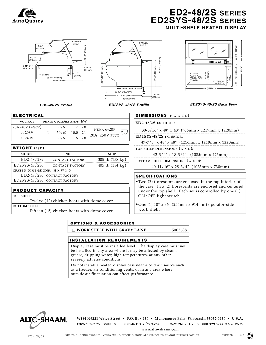 Alto-Shaam ED2SYS-2S ED2-4 8/2 S EXTERIOR, Work Shelf Wi Th Gravy Lane, ED2-48/2S ED2SYS-48/2S, Series Series, Electr Ical 