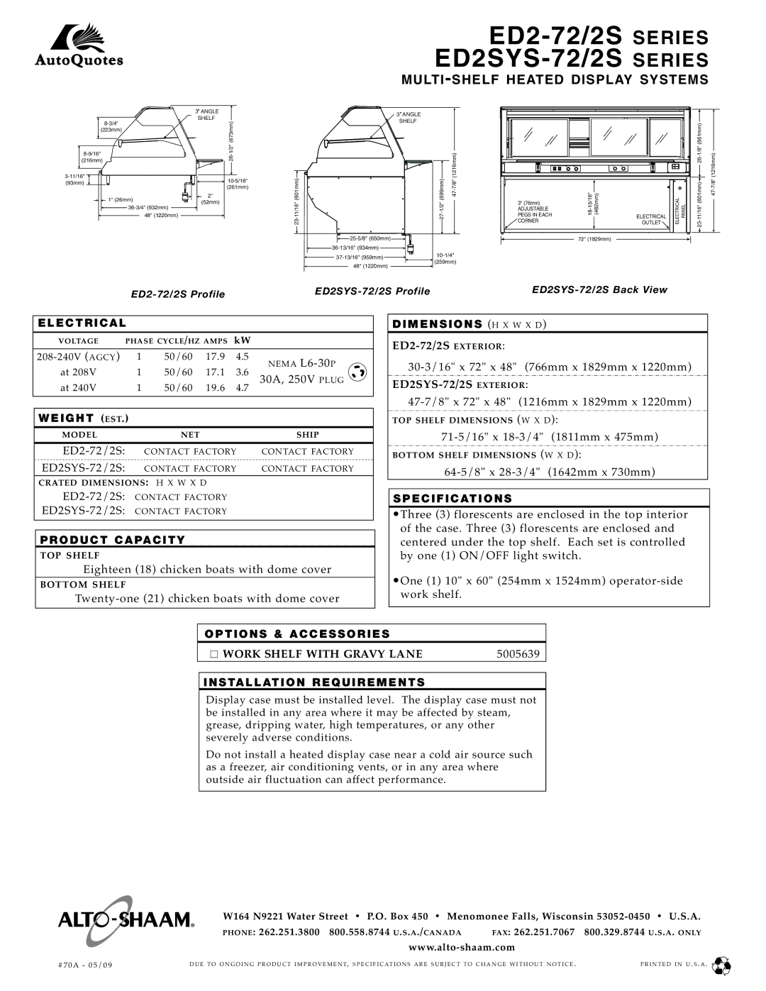 Alto-Shaam ED2-72, ED2SYS-72 specifications ED2- 72/2 S Exterior, Work Shelf WIT H Gravy Lane 