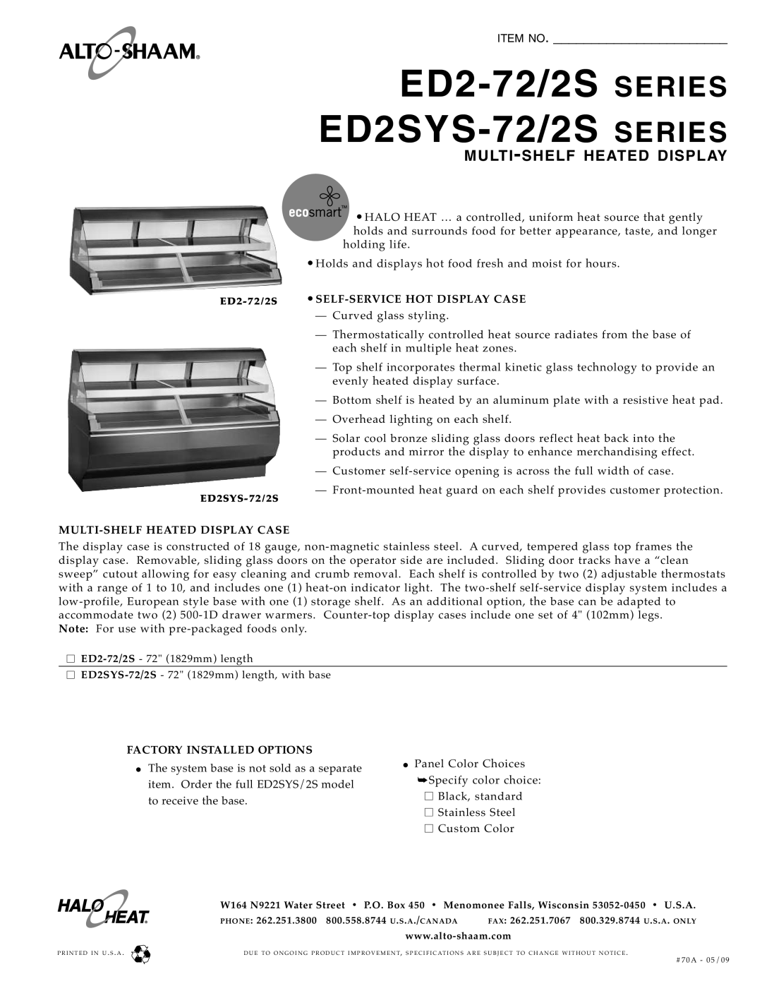 Alto-Shaam ED2SYS-72, ED2-72 specifications Self-Se Rvice Hot Display Ca Se, Multi-Sh Elf Heated Dis Play Case, Item No 