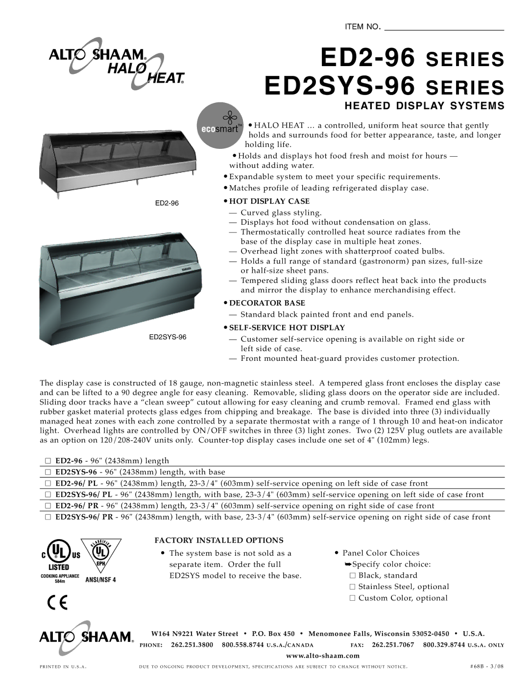 Alto-Shaam ED2SYS-96, ED2-96 SERIES specifications HOT Display C ASE, Decorator Base, SELF-SERVICE HOT Display 