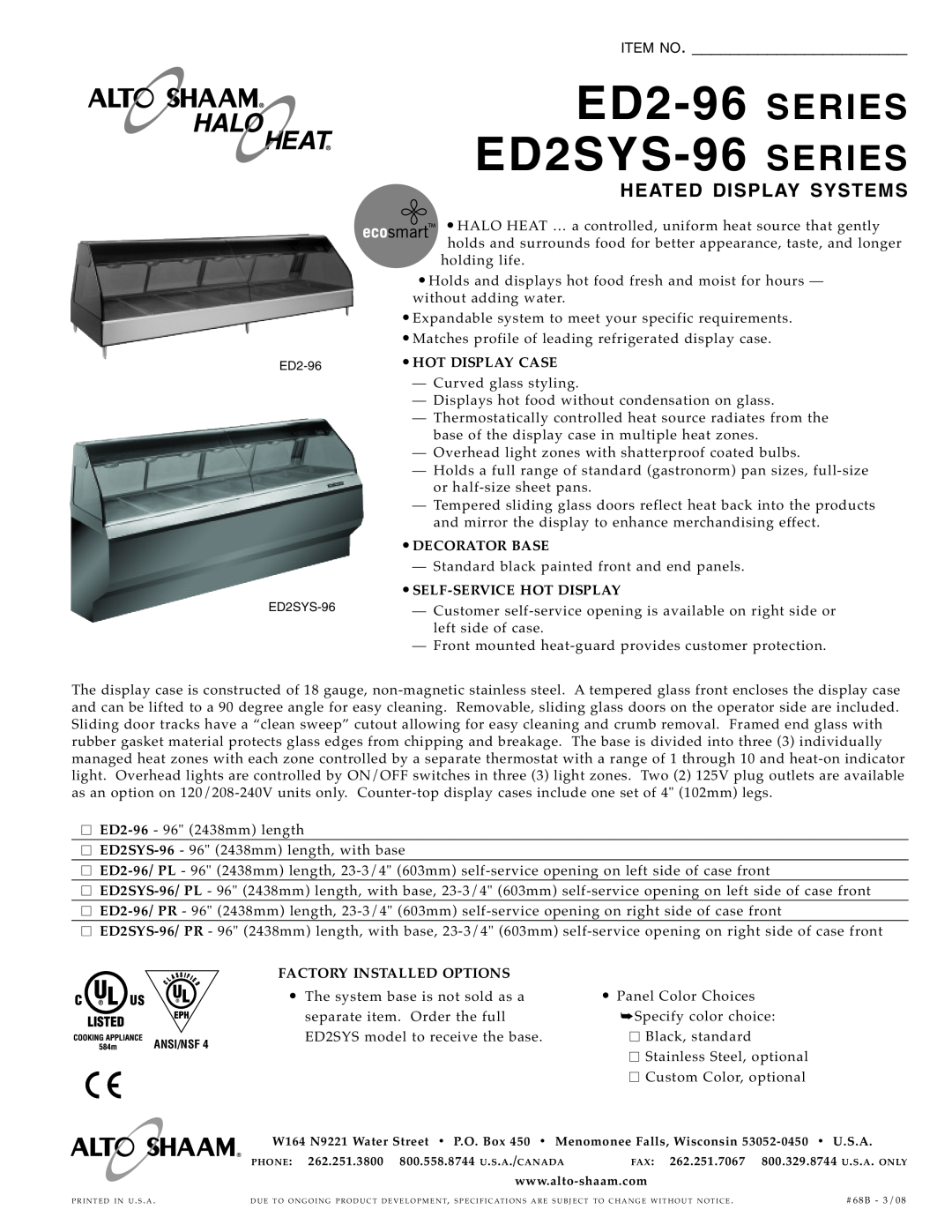 Alto-Shaam ED2SYS-96, ED2-96 SERIES specifications Heated Display Syste Ms, ED2 -96 SERIES ED2S YS-96 SERIES, Item No 