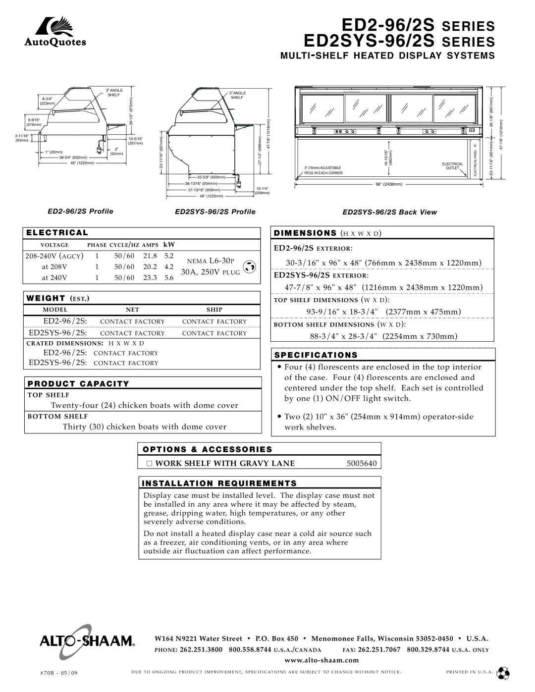 Alto-Shaam ED2-96/2S, ED2SYS-96/2S specifications ED2-96/2 S Exterior, ED2SYS-9 6/2S Exterior, Work Shelf with Gravy LA NE 