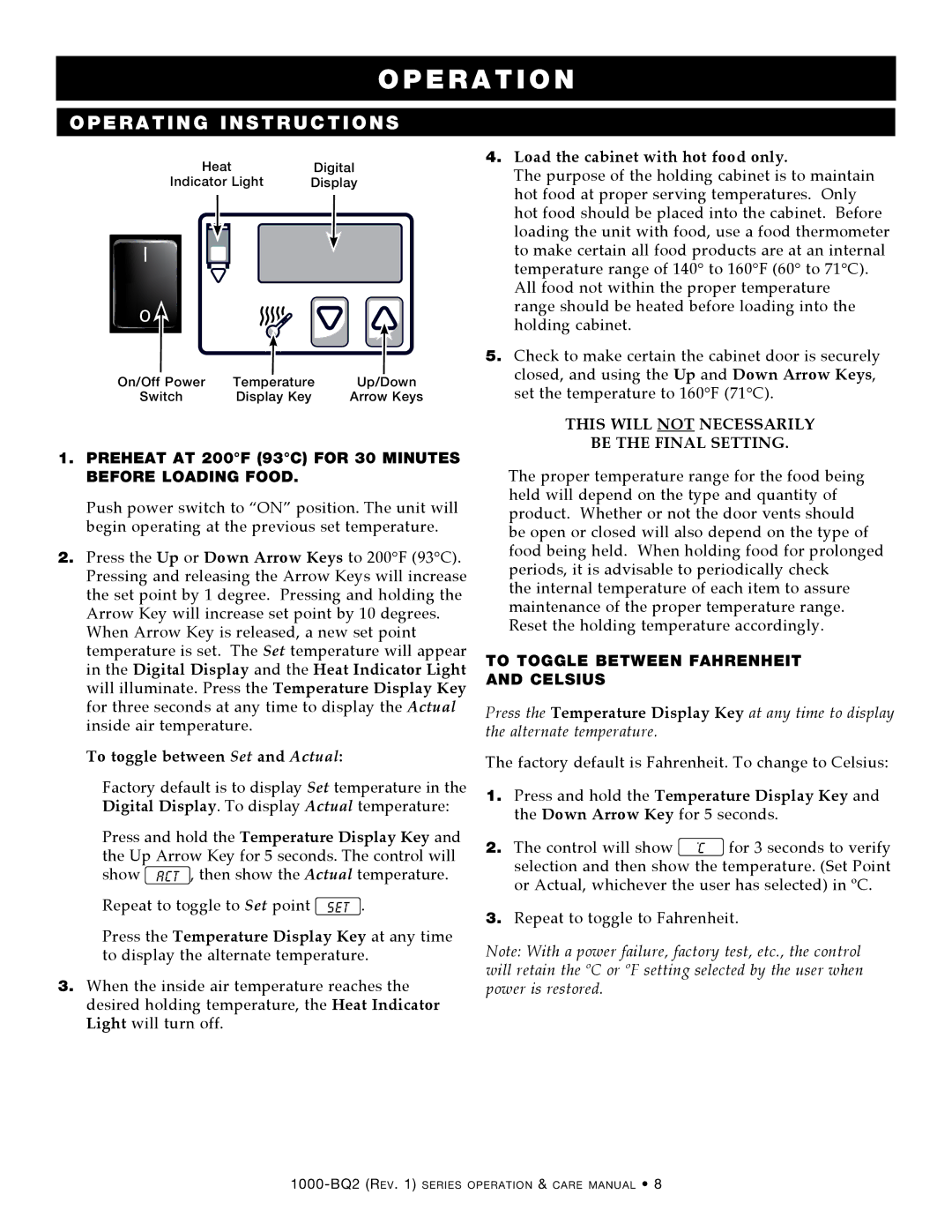 Alto-Shaam 1000-BQ2/96, Electric Banquet Carts, 1000-BQ2/192, 1000-BQ2/128 manual Pe r at i on, PE R AT in G Instructions 