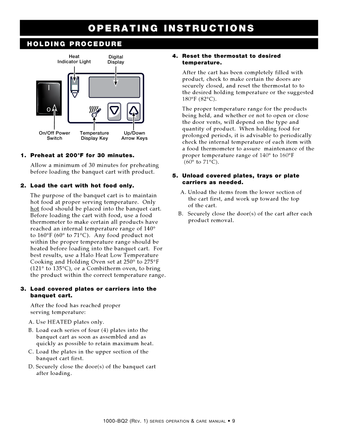 Alto-Shaam 1000-BQ2/128, Electric Banquet Carts, 1000-BQ2/192, 1000-BQ2/96 manual PE R AT in G Instructions 