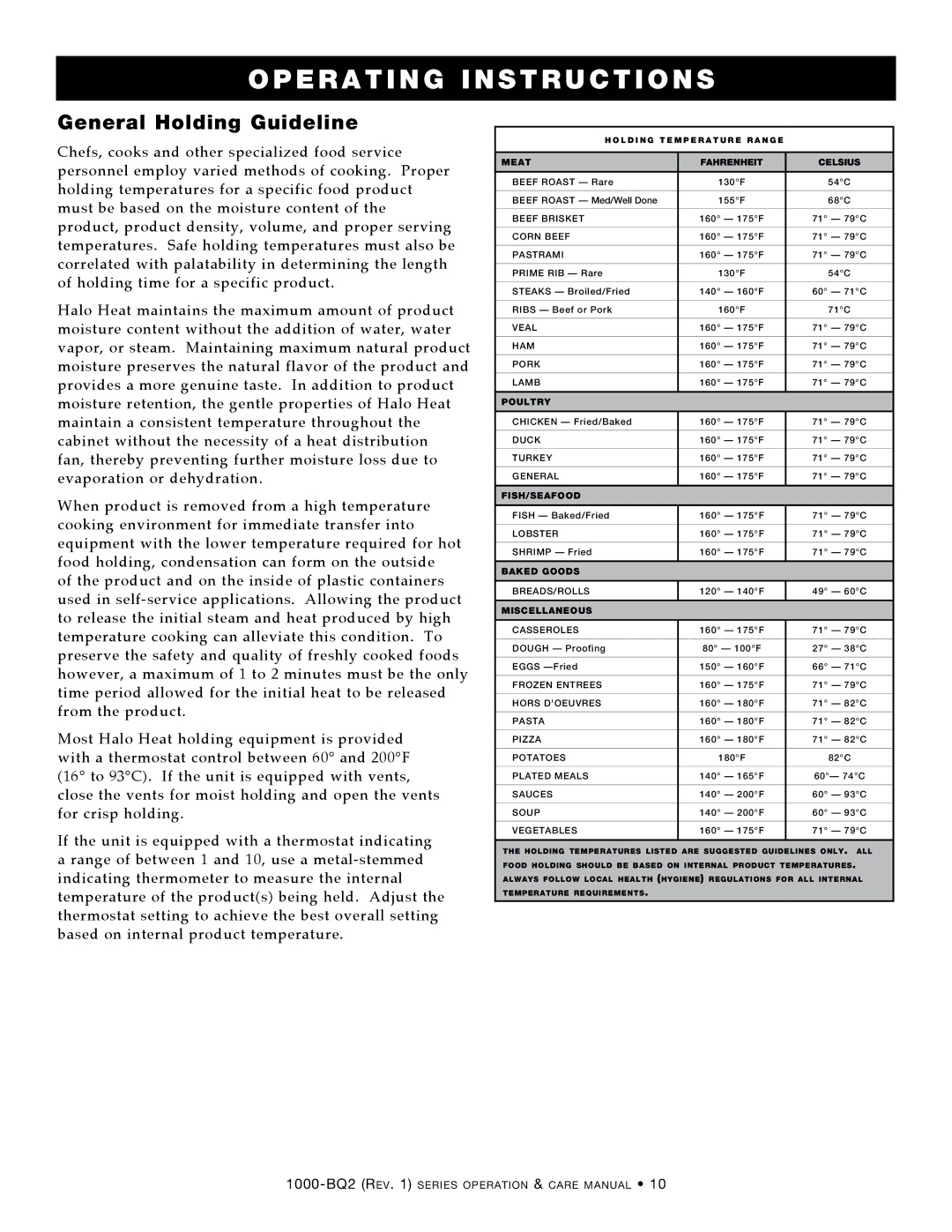 Alto-Shaam Electric Banquet Carts, 1000-BQ2/192, 1000-BQ2/96, 1000-BQ2/128 manual General Holding Guideline 