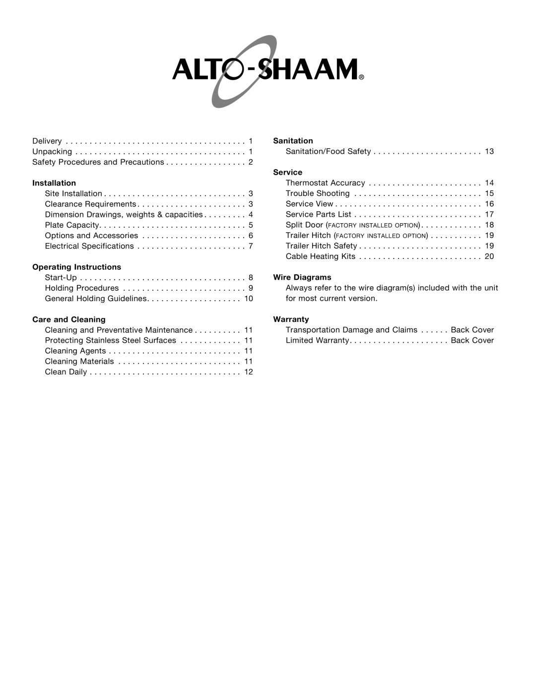 Alto-Shaam 1000-BQ2/96 Sanitation, Service Installation, Operating Instructions, Wire Diagrams, Care and Cleaning Warranty 