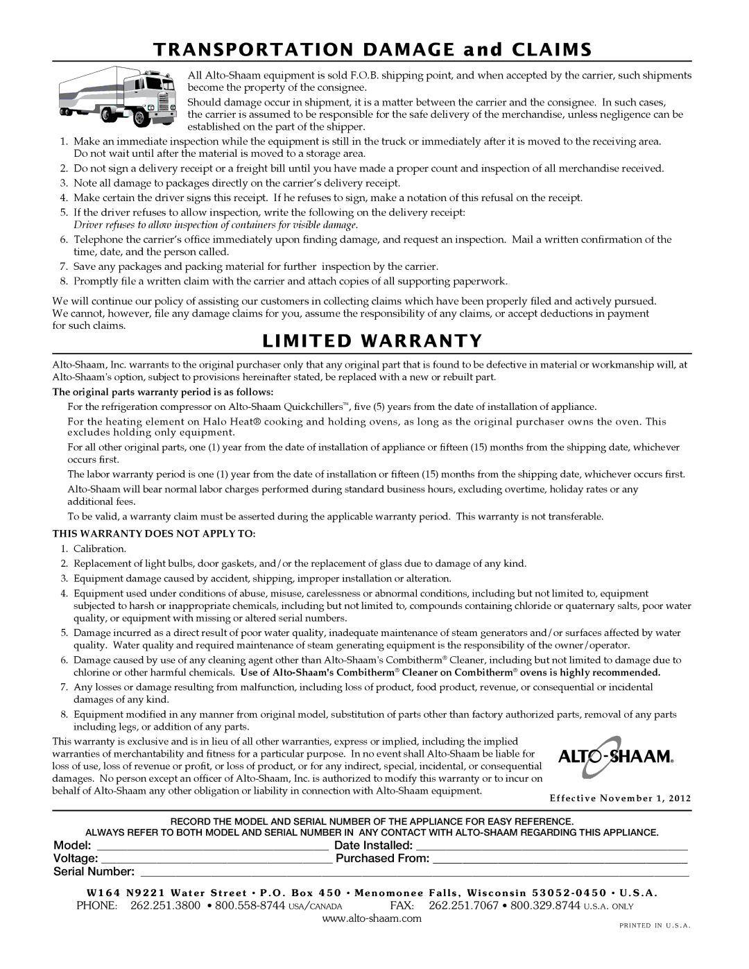 Alto-Shaam Electric Banquet Carts, 1000-BQ2/192, 1000-BQ2/96, 1000-BQ2/128 manual Limited Warranty 