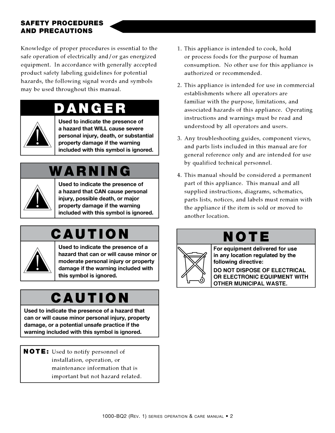 Alto-Shaam Electric Banquet Carts, 1000-BQ2/192, 1000-BQ2/96, 1000-BQ2/128 manual N g e r, SaFeTy PrOcedUreS PrecaUTIOnS 