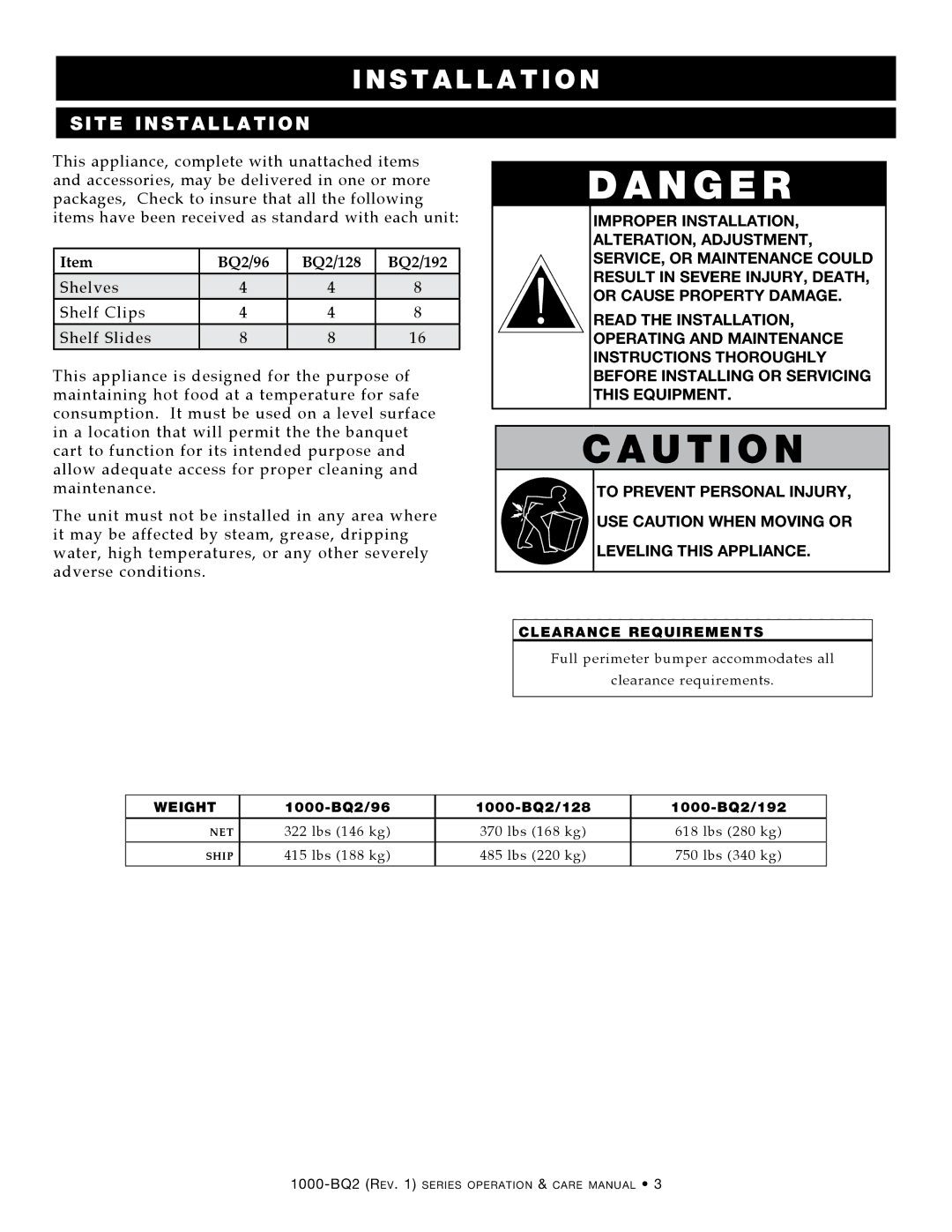 Alto-Shaam manual Ins ta l l at i on, Clearance Requirements, Weight 1000-BQ2/96 1000-BQ2/128 1000-BQ2/192 