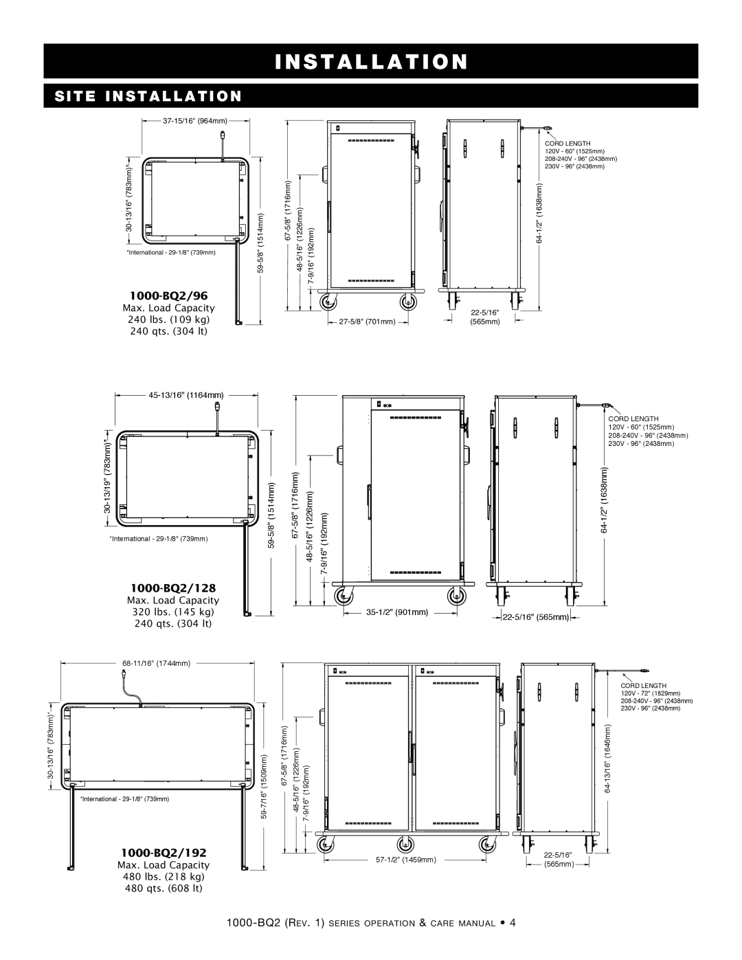 Alto-Shaam 1000-BQ2/96, Electric Banquet Carts, 1000-BQ2/192, 1000-BQ2/128 manual 