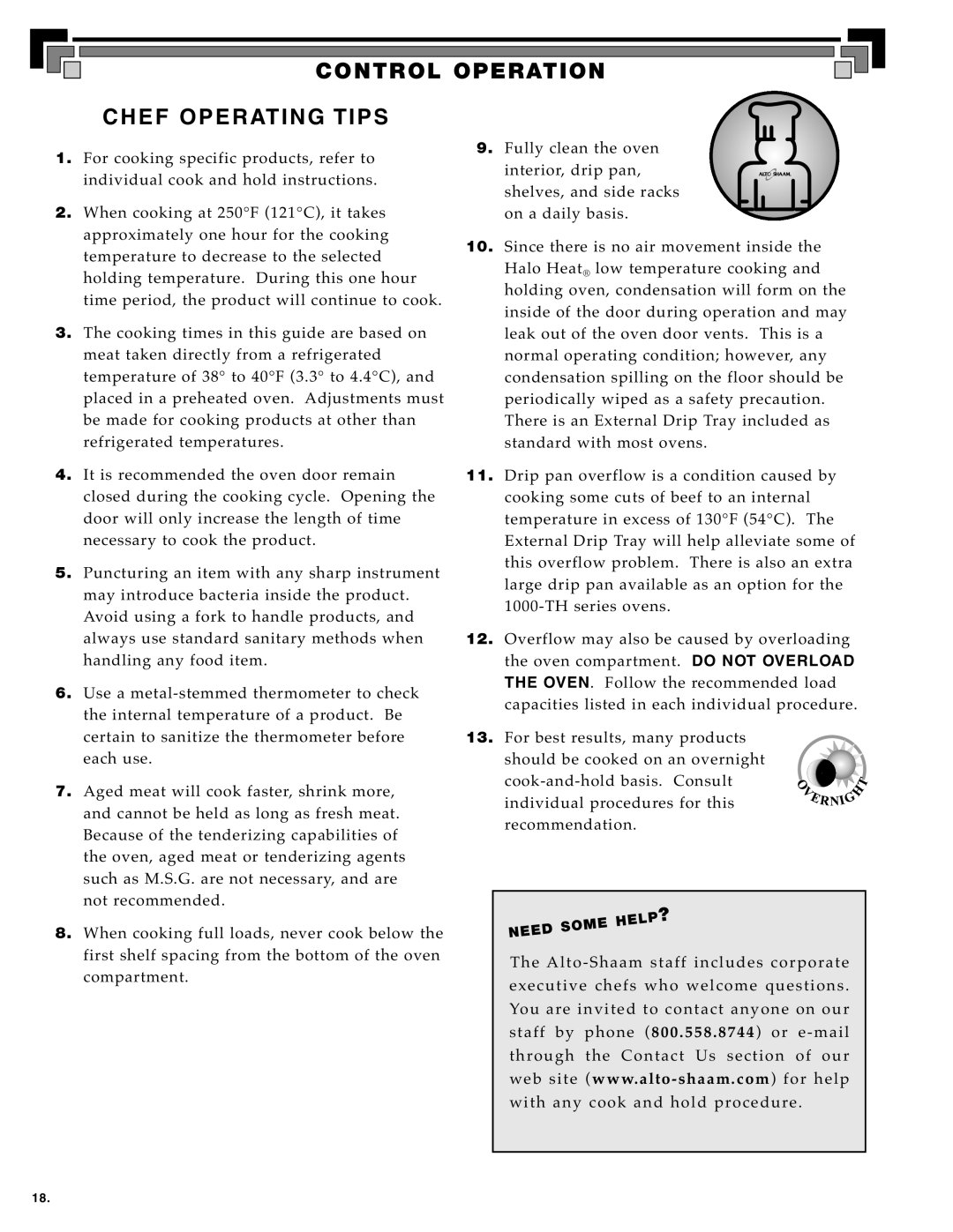 Alto-Shaam Electronically Operated Ovens manual Control Operation, Phone 800 