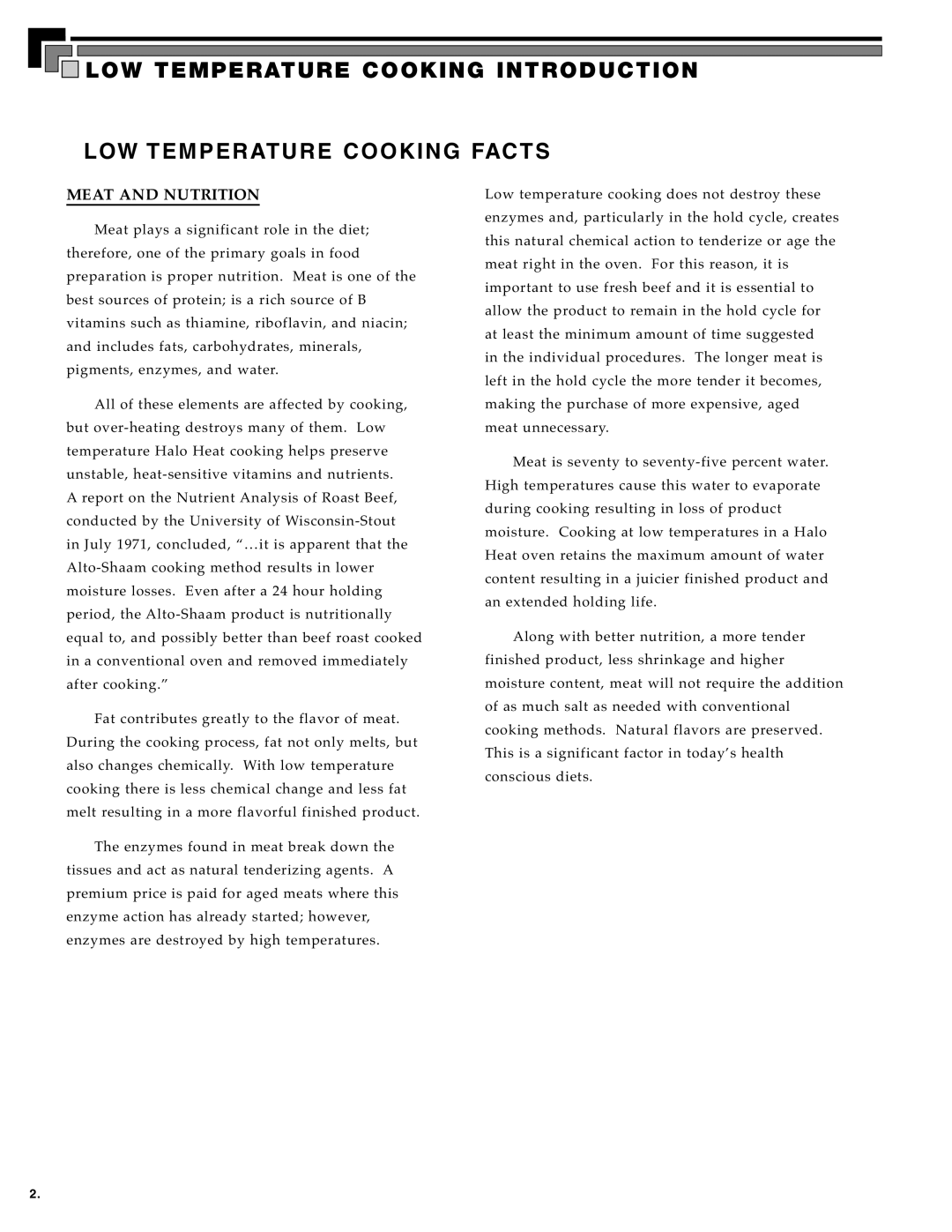 Alto-Shaam Electronically Operated Ovens manual LOW Temperature Cooking Introduction 