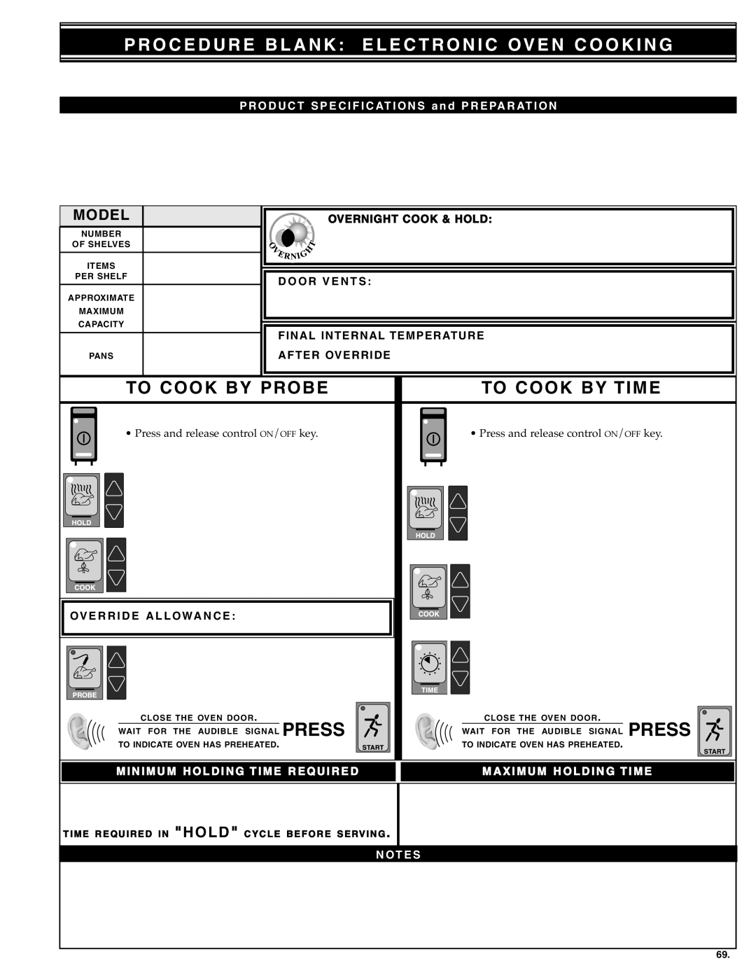 Alto-Shaam Electronically Operated Ovens manual PRO DUC T Specifications, Prepara Tion 