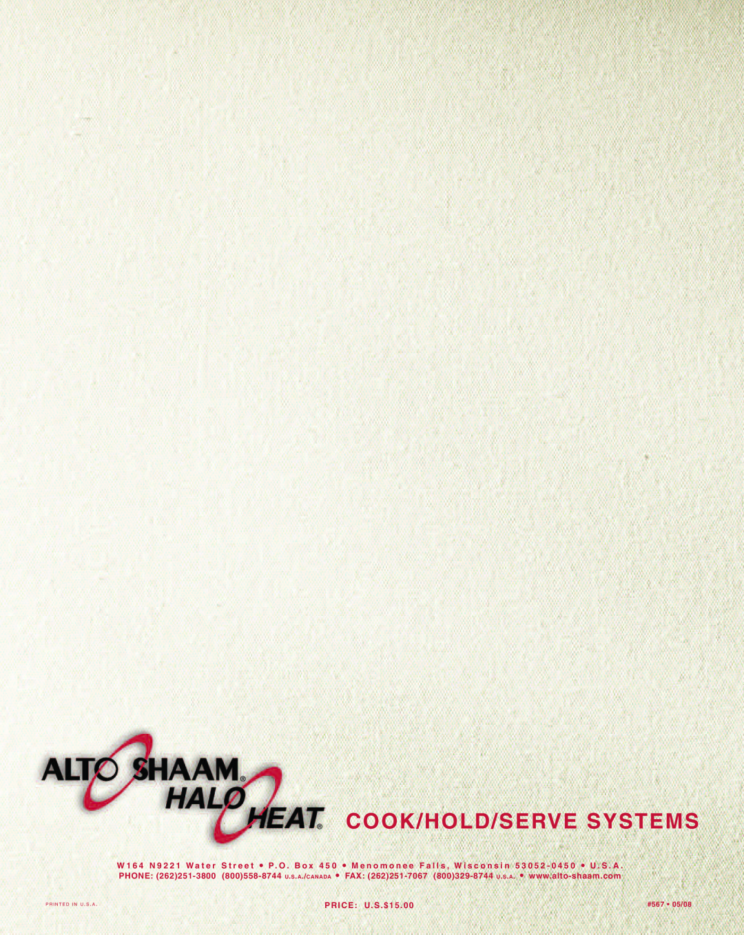 Alto-Shaam Electronically Operated Ovens manual Co Ok /Ho Ld /Se Rve Sys Te Ms, PRICE : U.S .$15, #567 • 05/08 