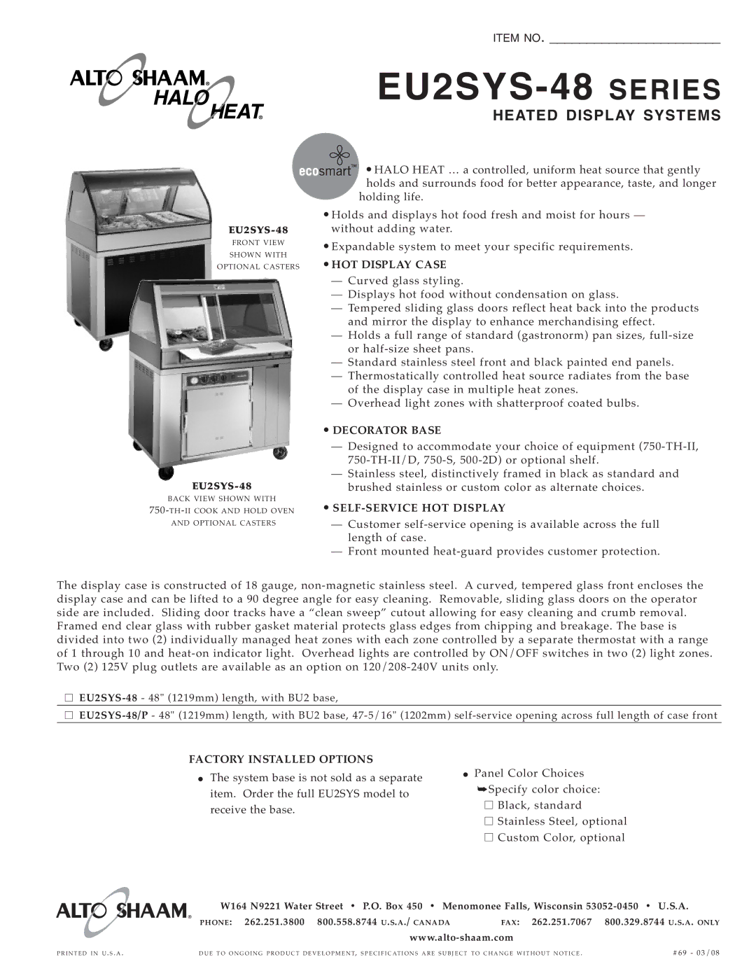 Alto-Shaam EU2SYS-48/P specifications HOT Display CA SE, Decorator Base, SELF-SERV ICE HOT DI Splay 