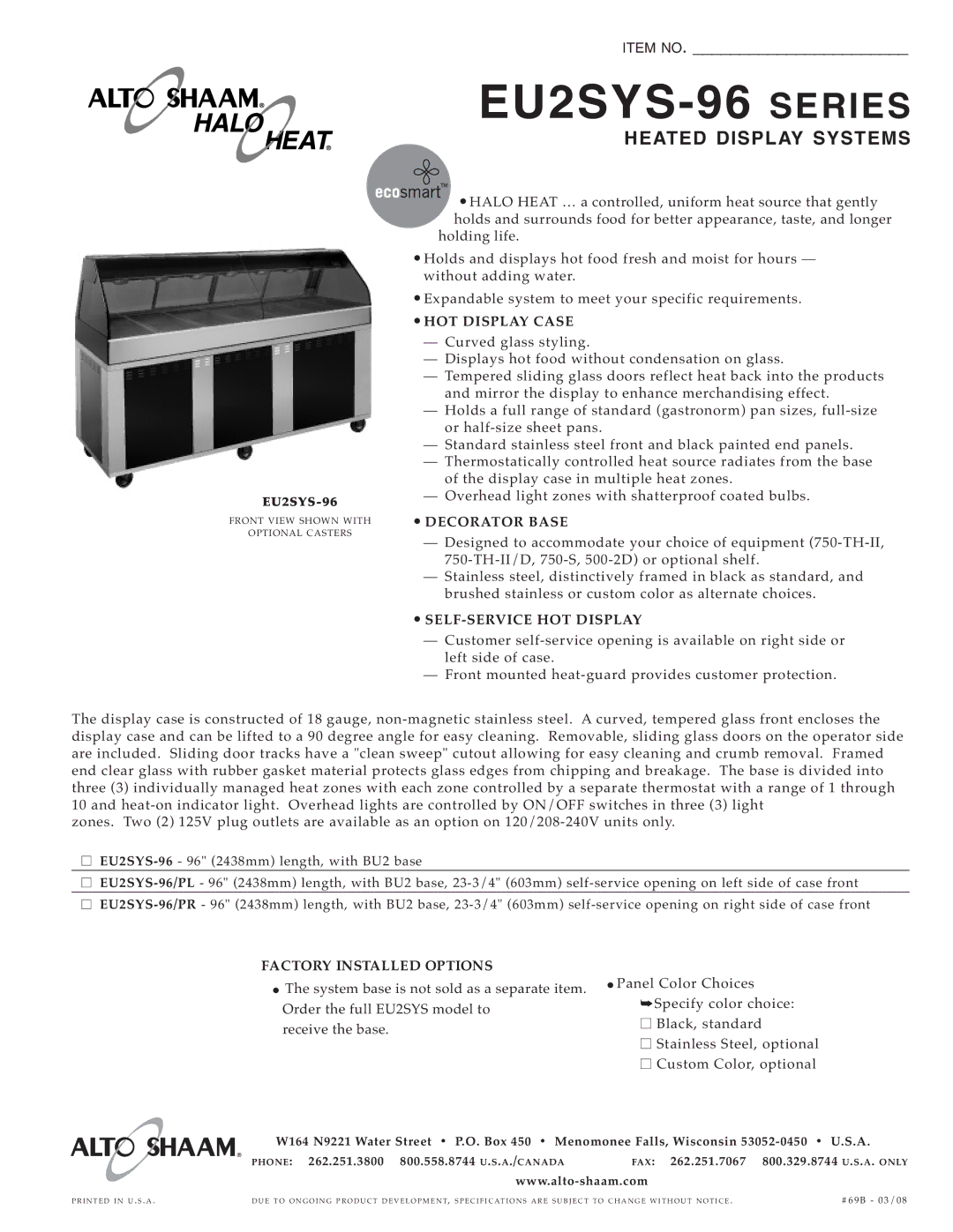 Alto-Shaam EU2SYS-96 specifications HOT DI Splay C ASE, Decorator BAS E, SELF-SERV ICE HOT DIS Play 