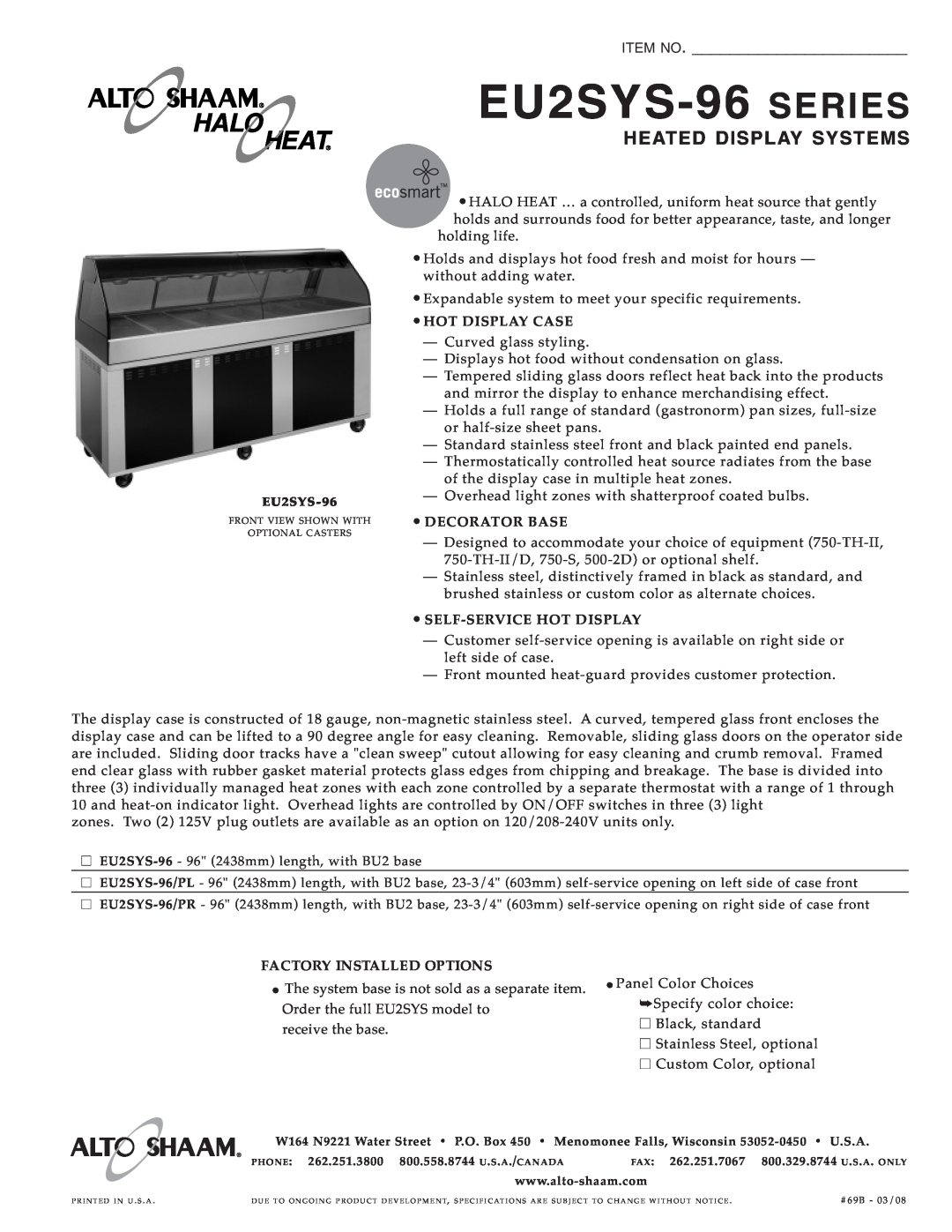 Alto-Shaam EU2SYS-96 specifications EU2SYS -96 SERIES, Item No, Heated Display Systems 