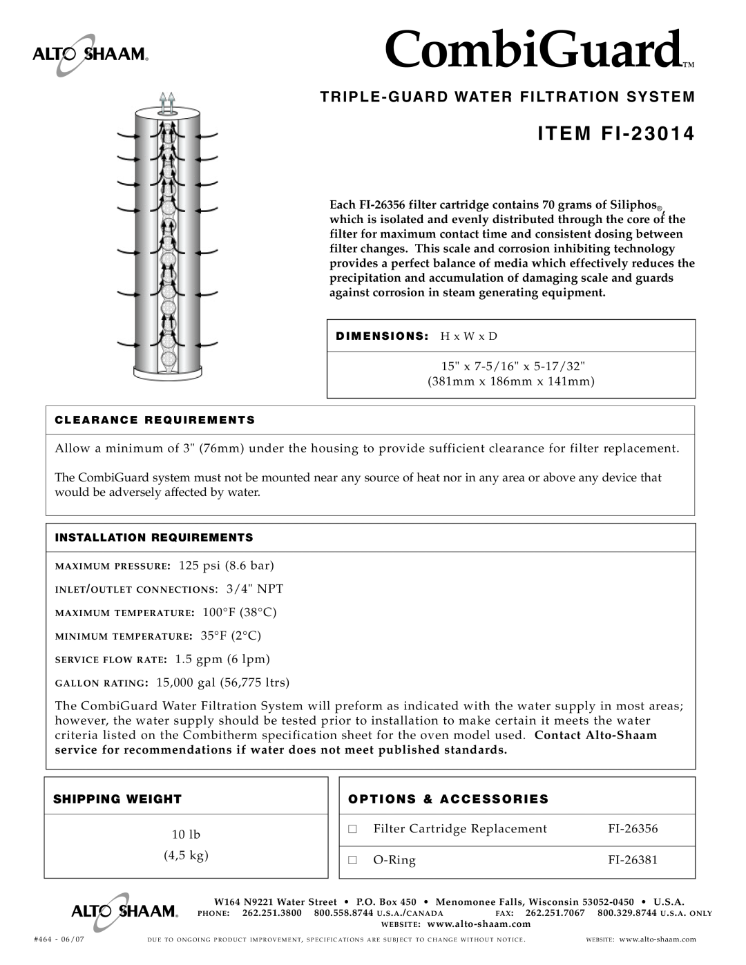Alto-Shaam specifications CombiGuard, Tripl E-Gu Ard Water Filtra Tion Sy Stem, ITEM FI-23014 