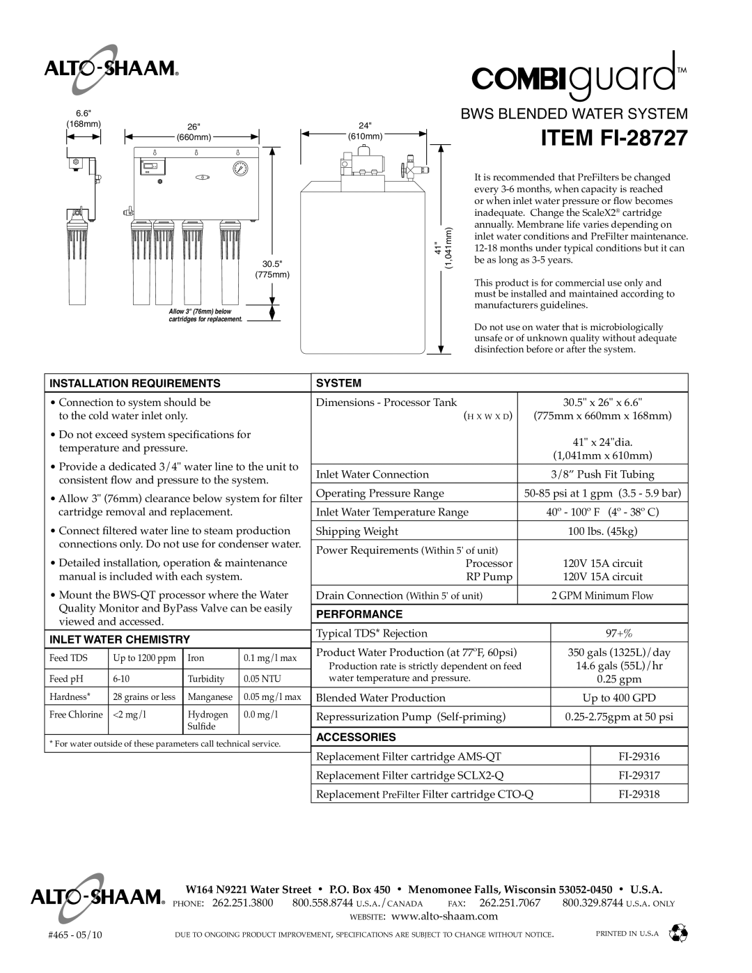 Alto-Shaam FI-28727 specifications Installation Requirements, Inlet Water Chemistry, System, Performance, Accessories 