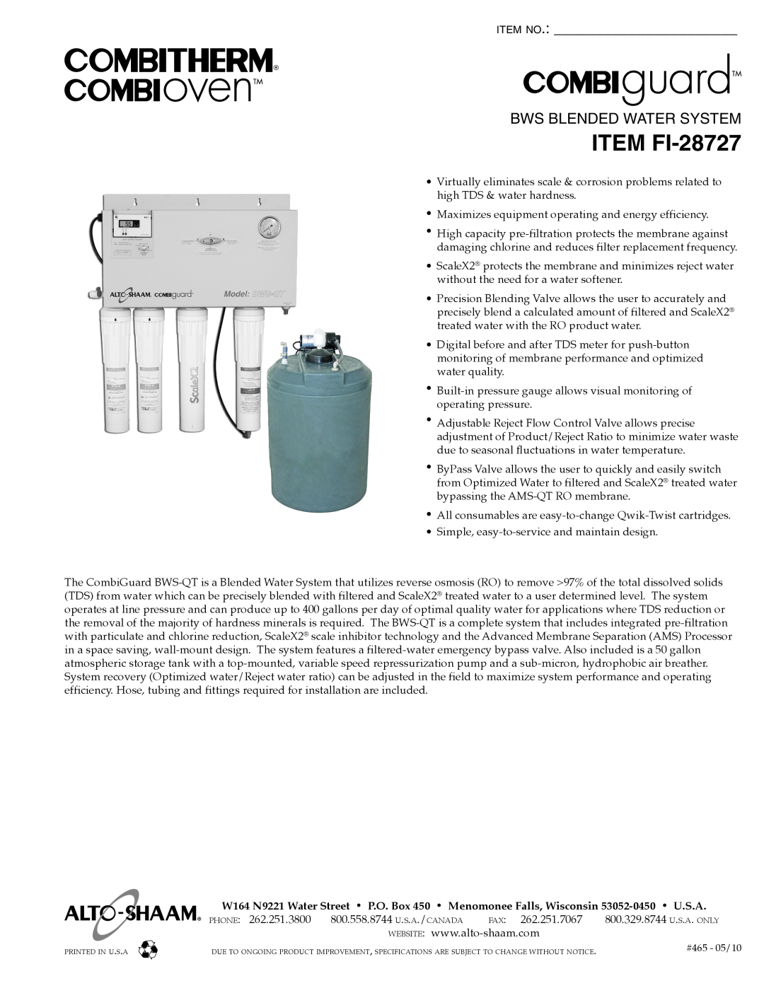 Alto-Shaam specifications ITEM FI-28727, item no BWS BLENDED WATER SYSTEM 