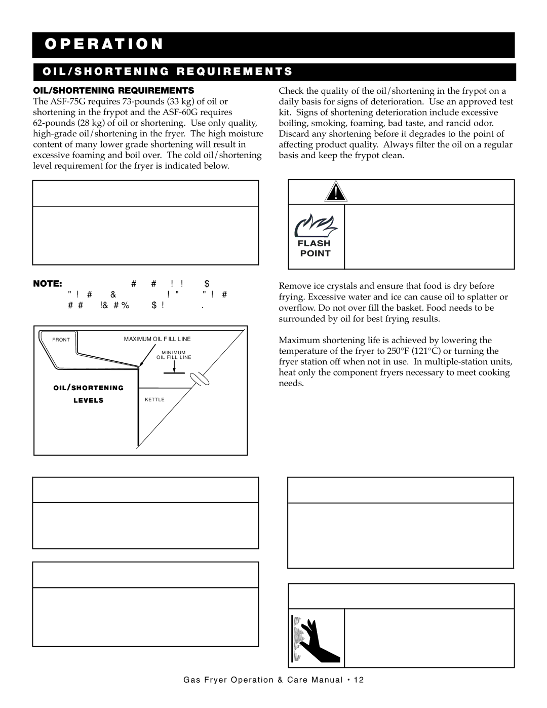 Alto-Shaam FryTech Series Caut ION, CAU TI on, Operation, OI L/S Hort Ening RE Quire Ments, OIL/SHORTENING Requirements 